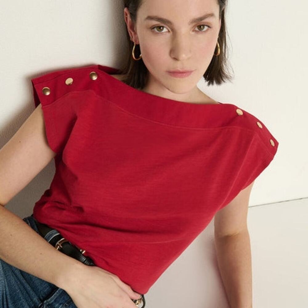 Nation Los Angeles Brooks Boatneck Top- Rio Red with Gold Buttons